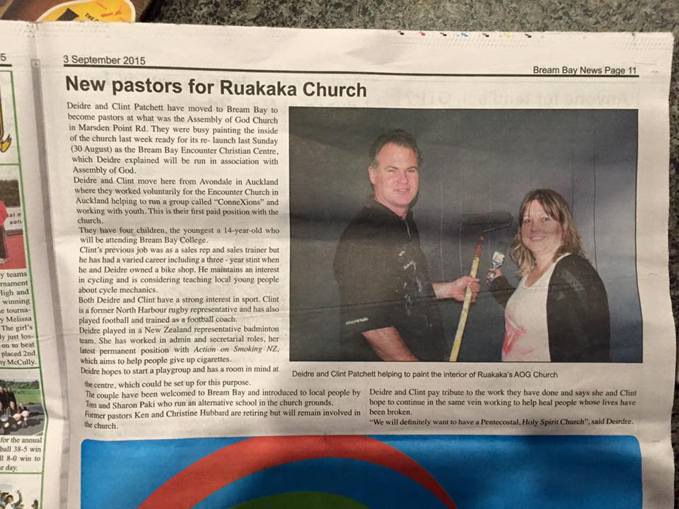 Bream Bay News story from September 2015 announcing Clint and Deidre as new pastors